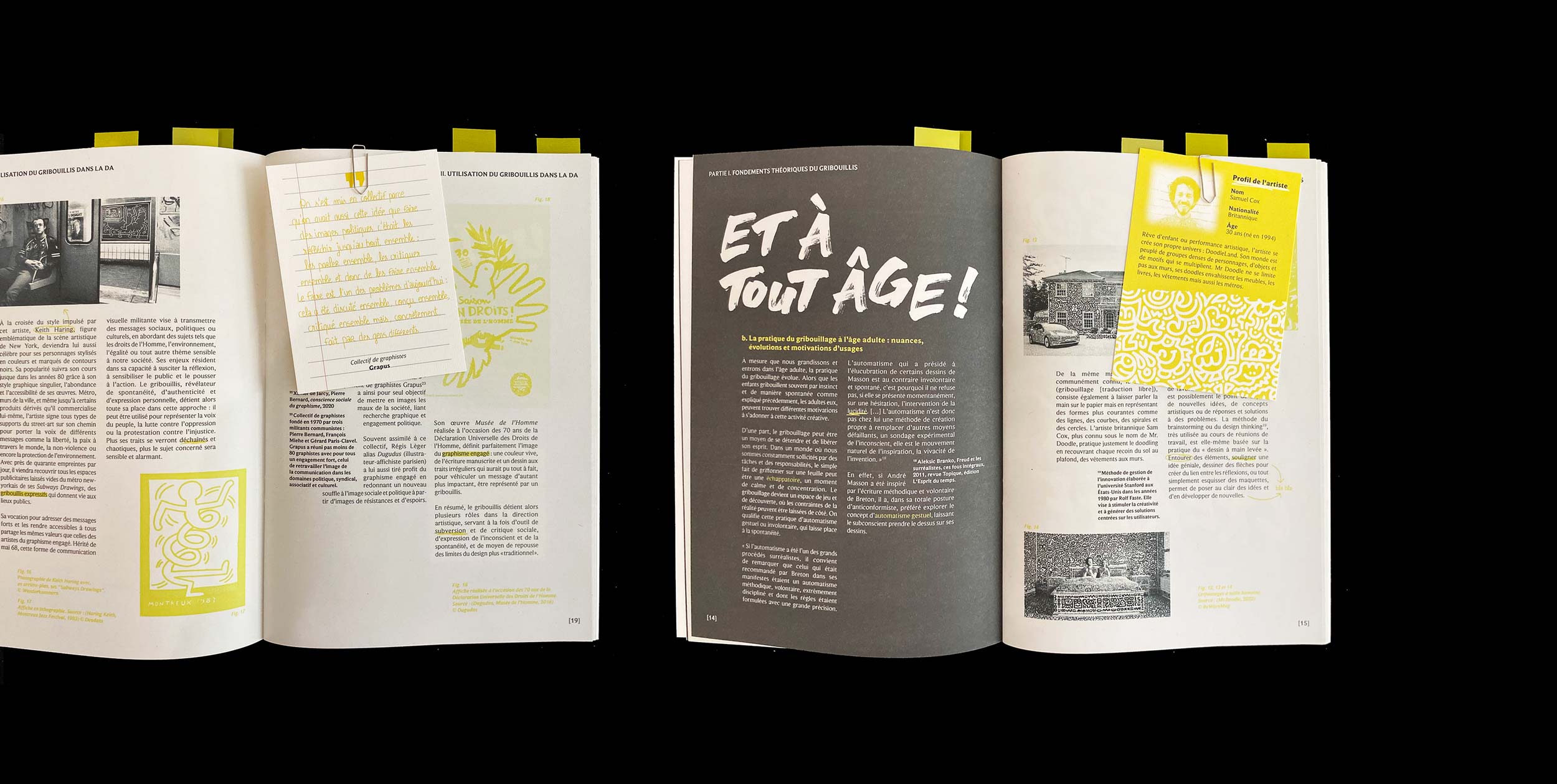 Intérieur mémoire Gribouillis, mise en page anarchique, trombones et fiches