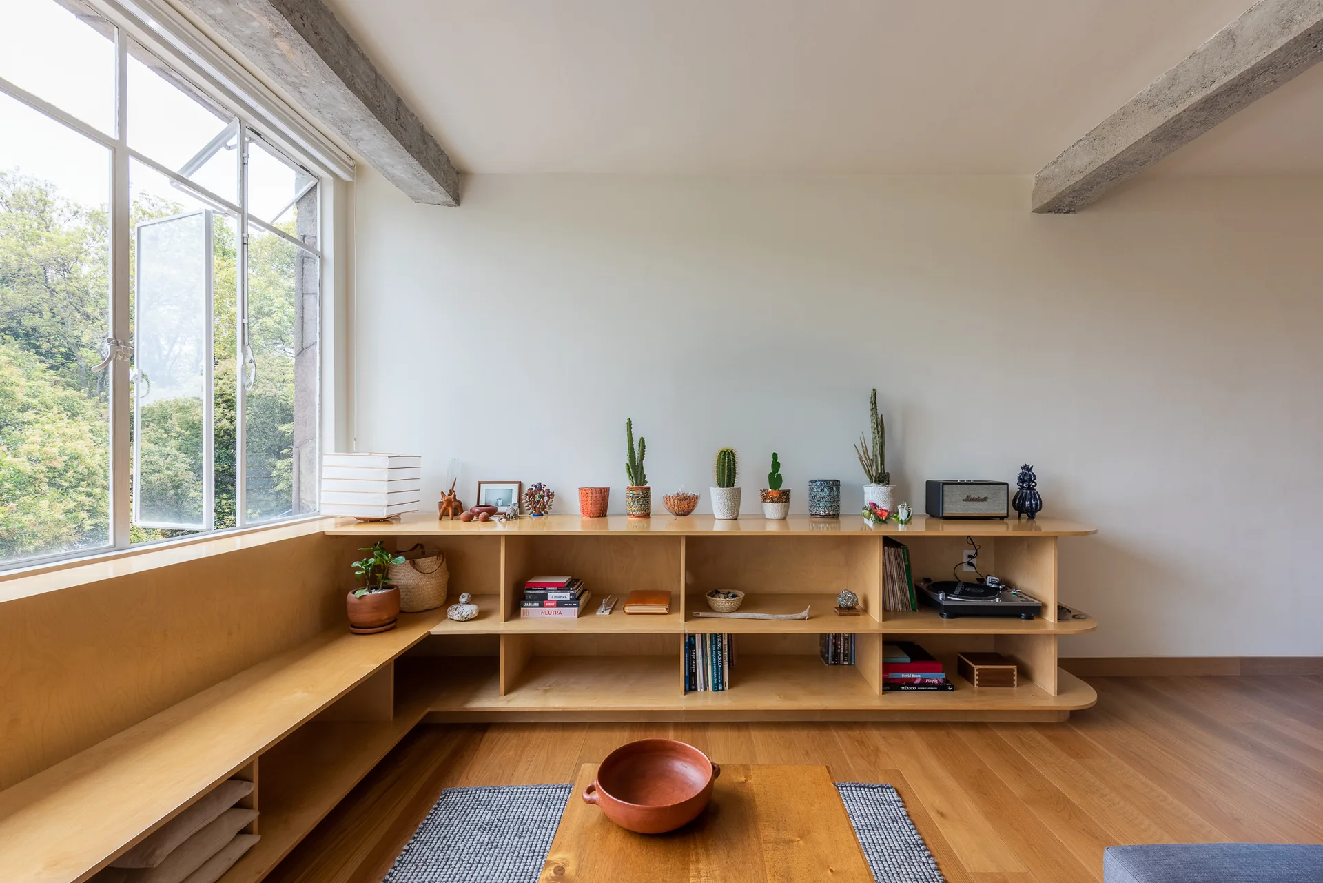 Repisa baja de madera con libros y cactus junto al ventanal