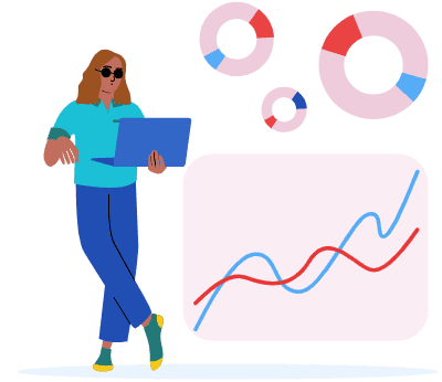 Long-haired person looking at their laptop thoughtfully and different types of datagraphs displayed next to them