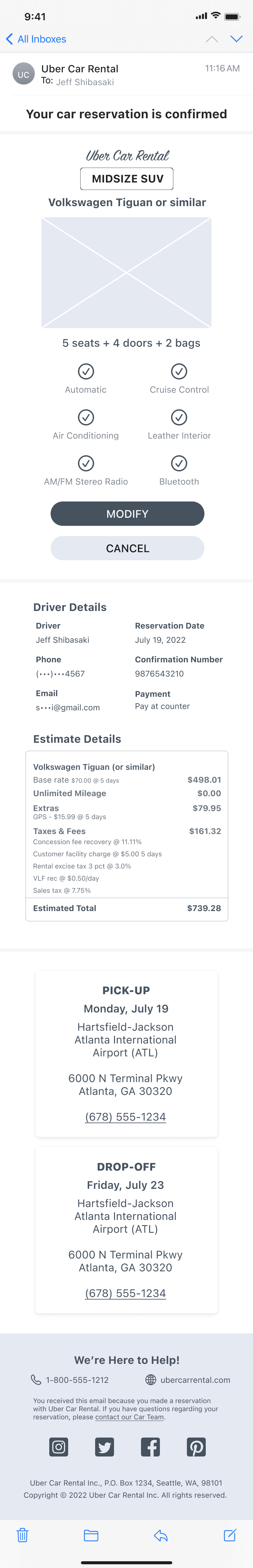 Second draft of the car rental reservation confirmation email
