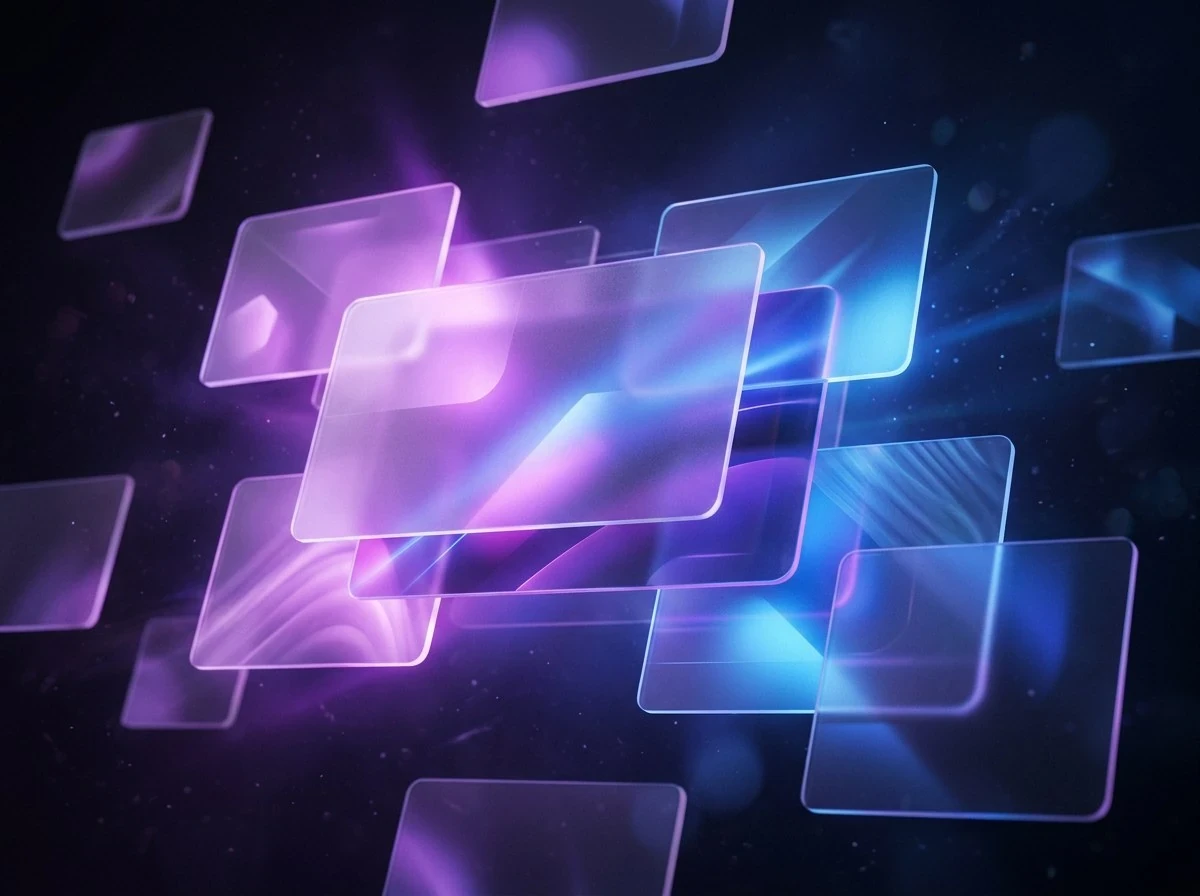Horizon OS interface as floating panes of glass lit in violet and blue