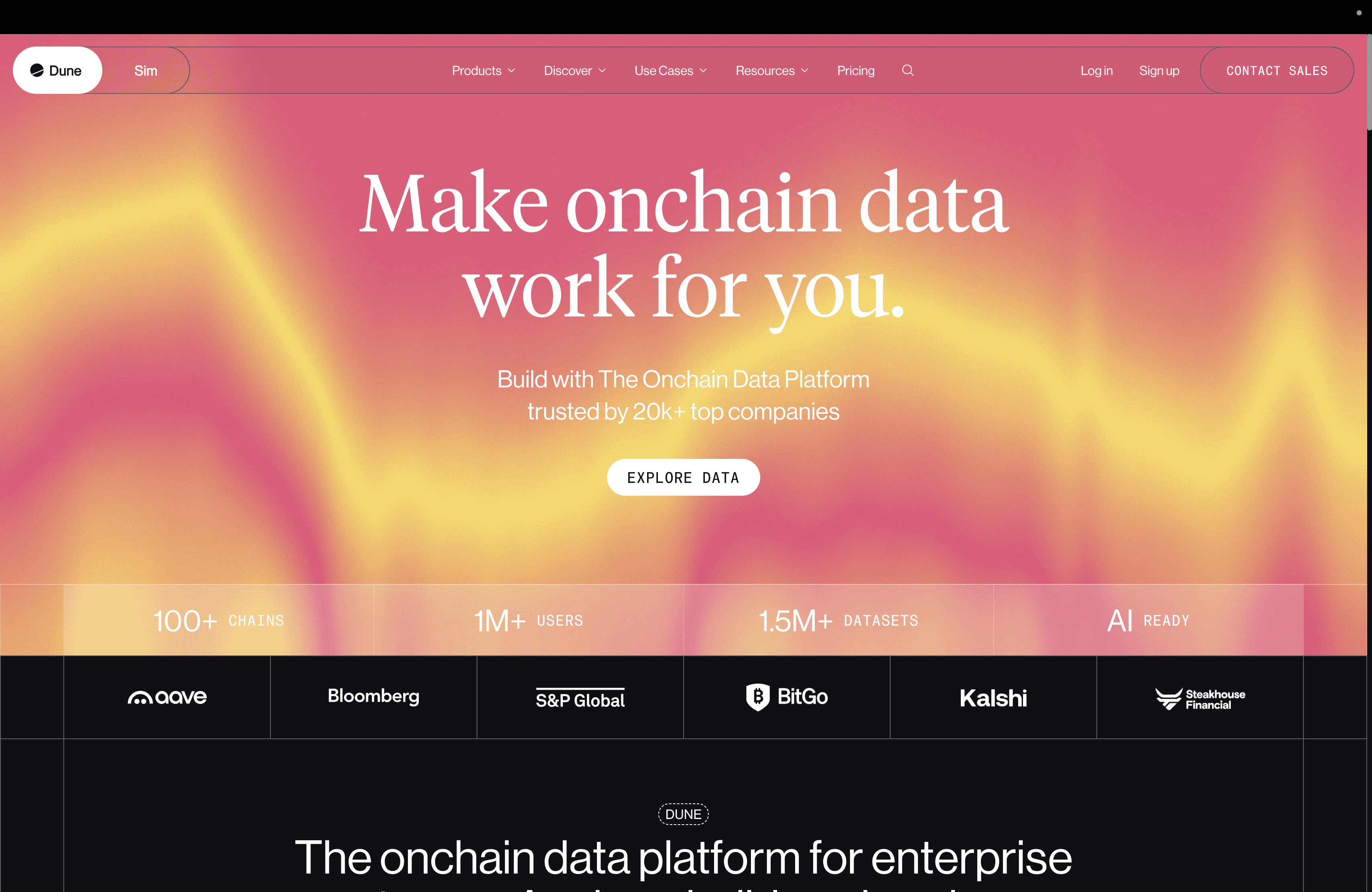 Dune blockchain analytics dashboard homepage