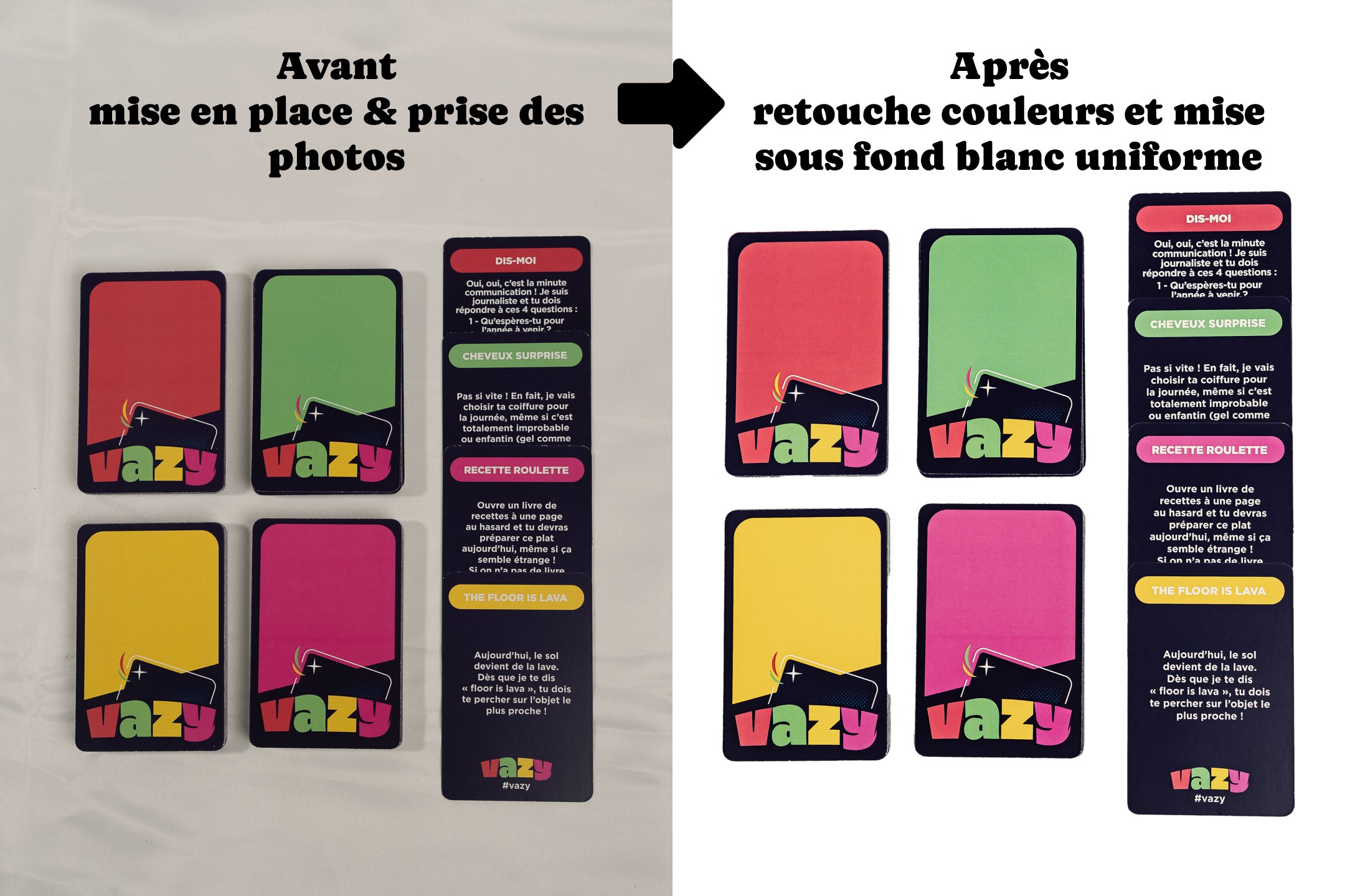 Comparaison avant-après de cartes du jeu “Vazy”, avec retouche des couleurs et fond blanc uniforme.