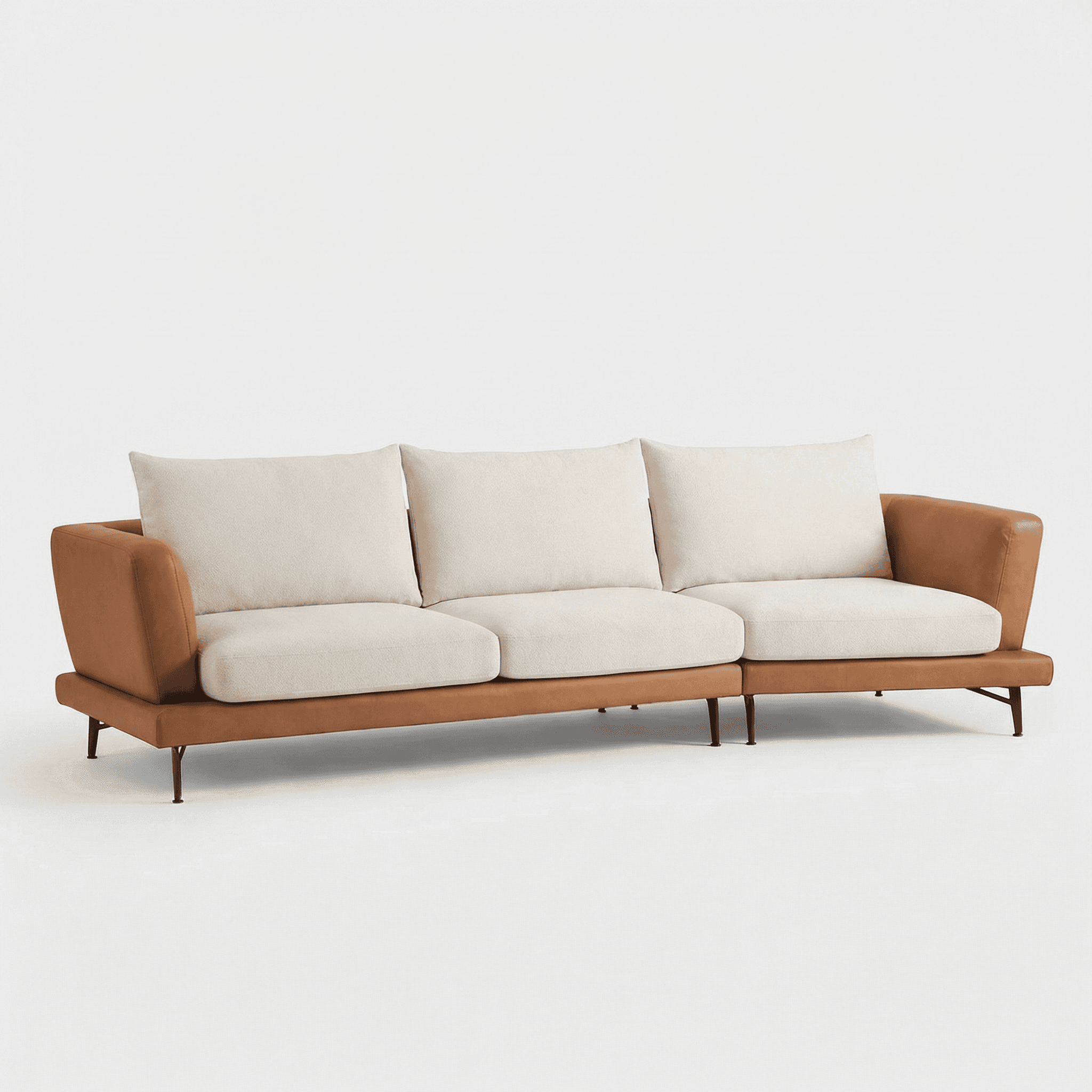 Neutral fabric seating with tan upholstered arms and slim metal legs