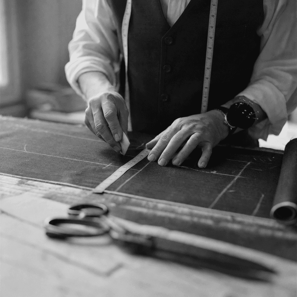 A tailor’s hands measuring fabric with a cloth tape and chalk on a cutting table