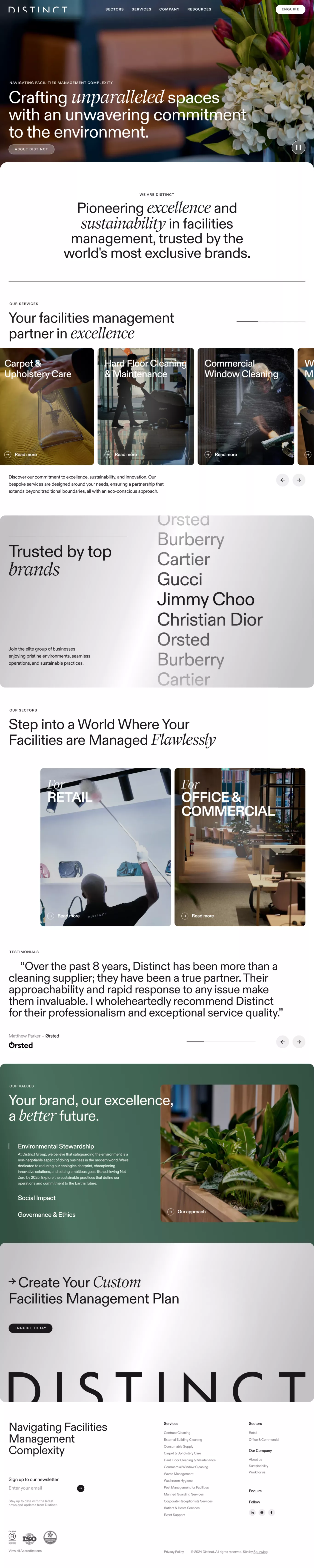 Facilities Management for Luxury Brands landing page screenshot showcasing Furniture & Interiors design