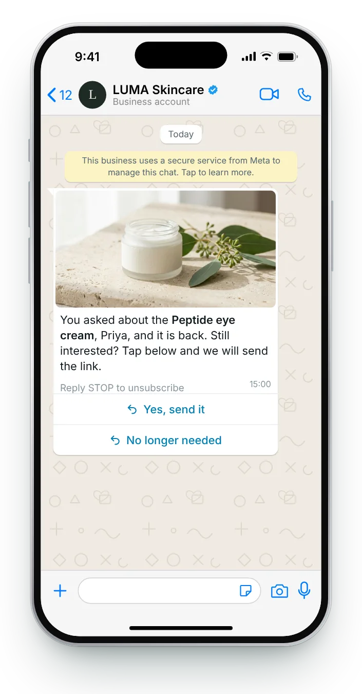 Check interest after a long wait: WhatsApp restock alert on an iPhone