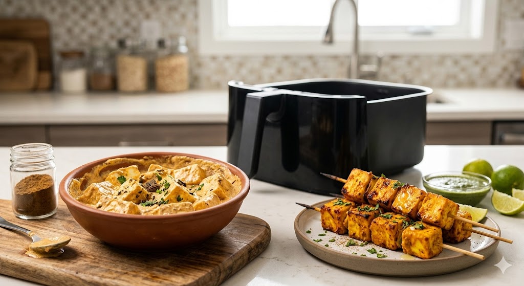 A bowl of marinated raw paneer in curry, a black air fryer, and a plate of cooked paneer tikka skewers with green chutney on a kitchen counter.