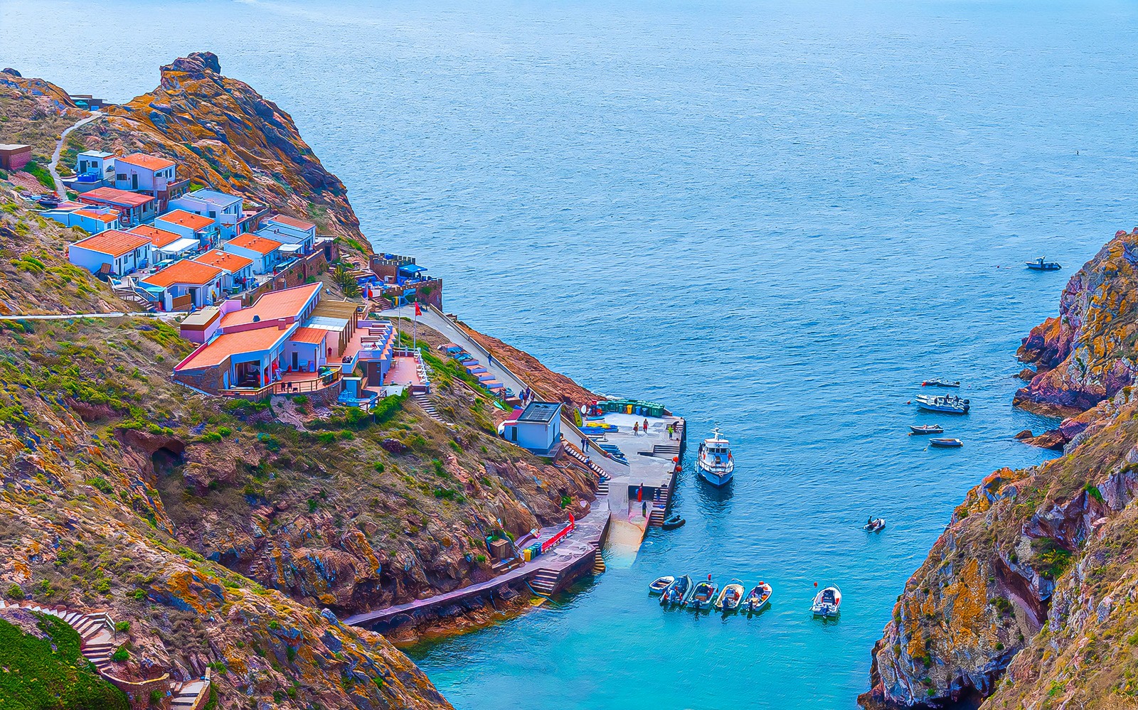 Puerto de la Isla Berlenga Grande con barcos y casas coloridas, Portugal.