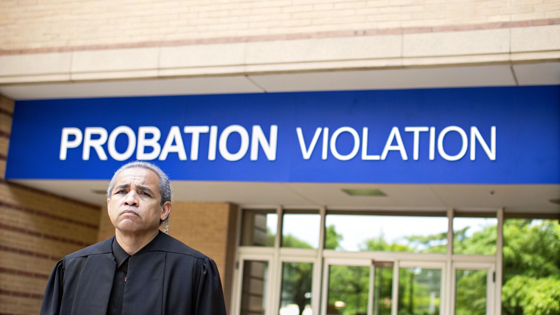 A serious-looking judge in a black robe stands below a blue sign reading 