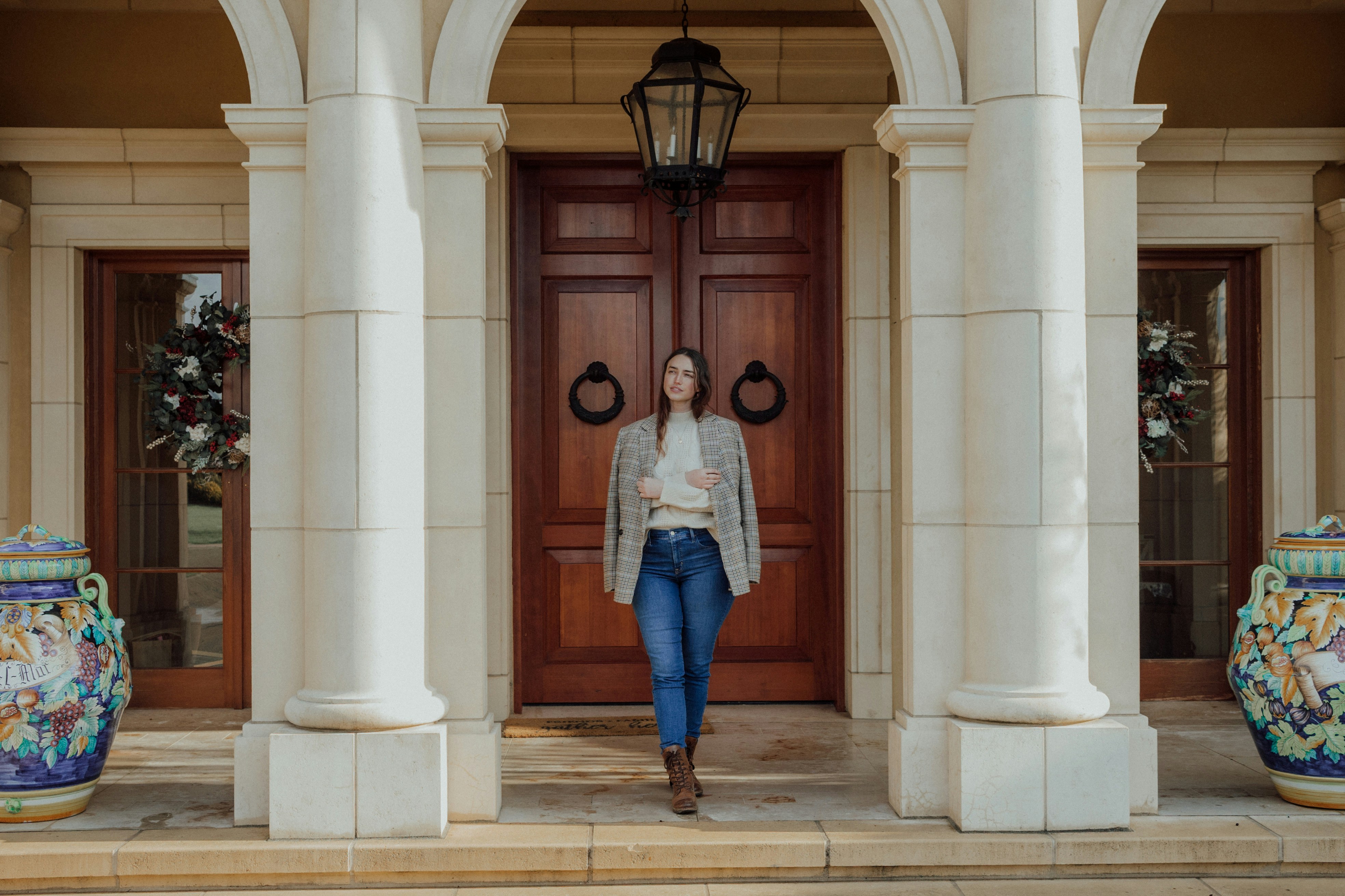 Girl Posing by Building -  Preppy Fall Outfits 