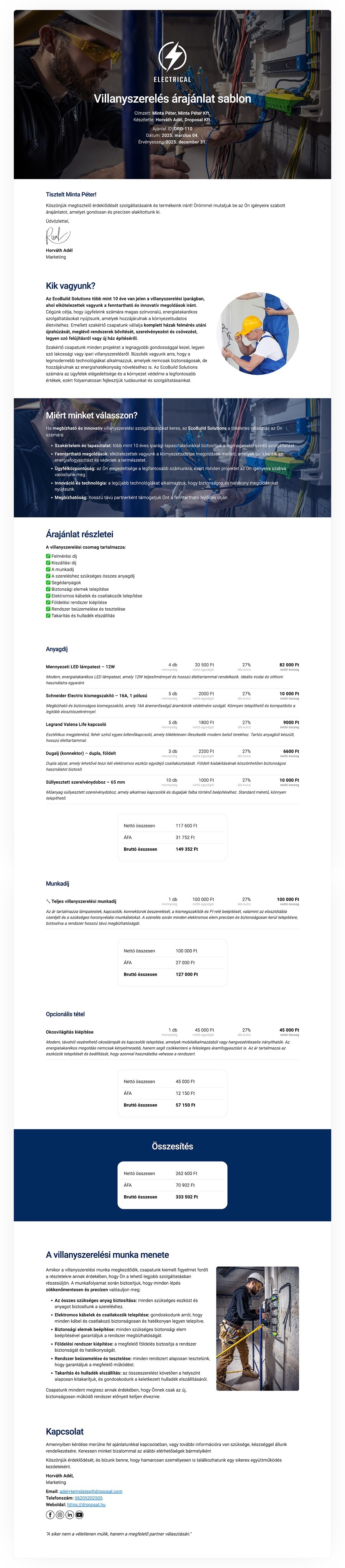 Villanyszerelés árajánlat sablon