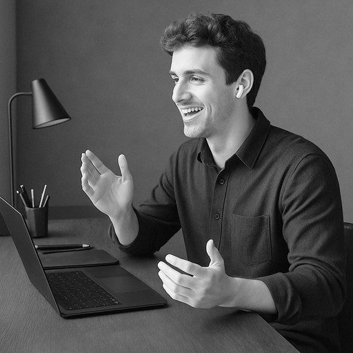 オンラインインタビューでノートパソコンを使い自然に会話する男性。心理的負担を軽減したヒアリングの様子