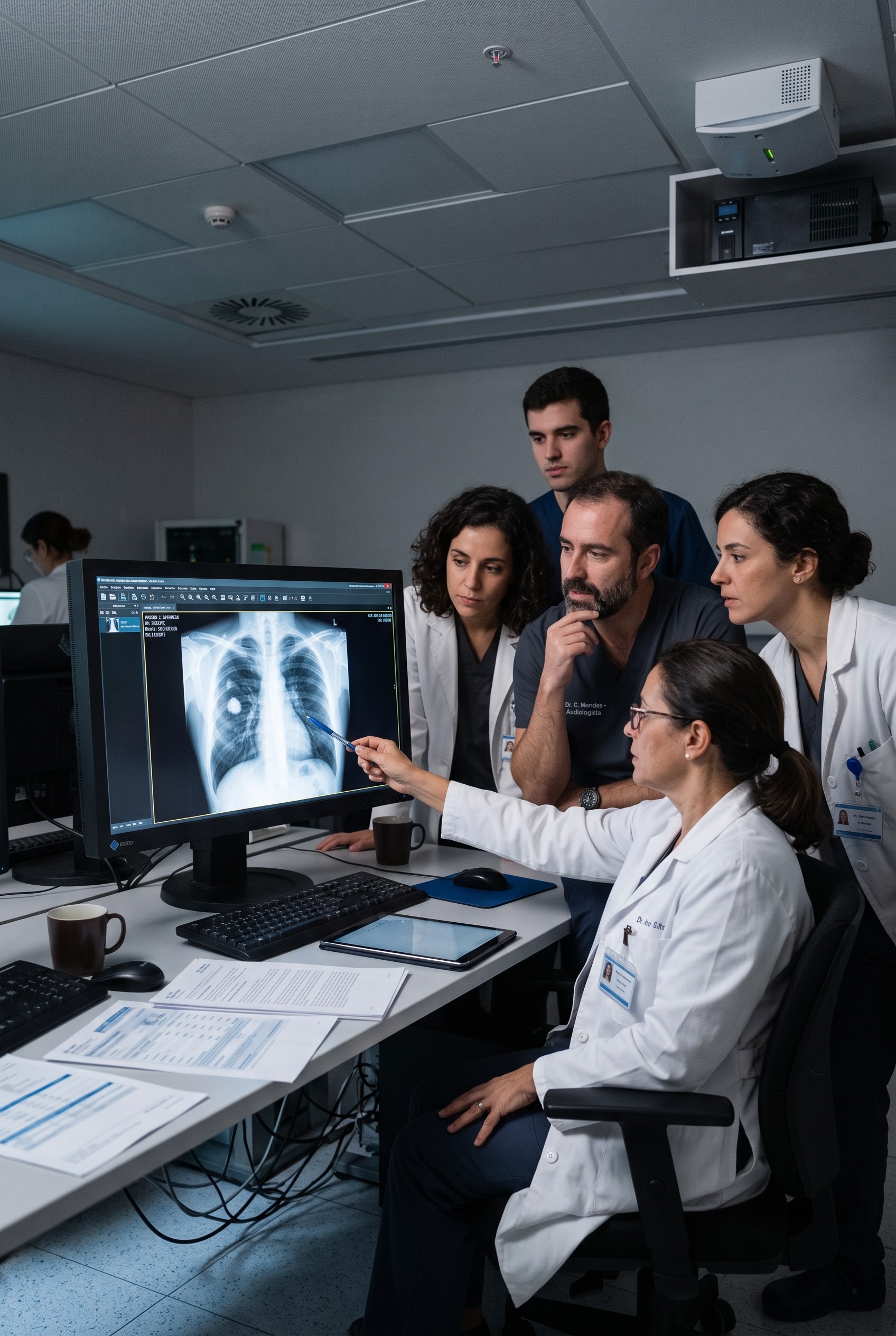 Equipe médica analisando uma radiografia de tórax em ambiente hospitalar