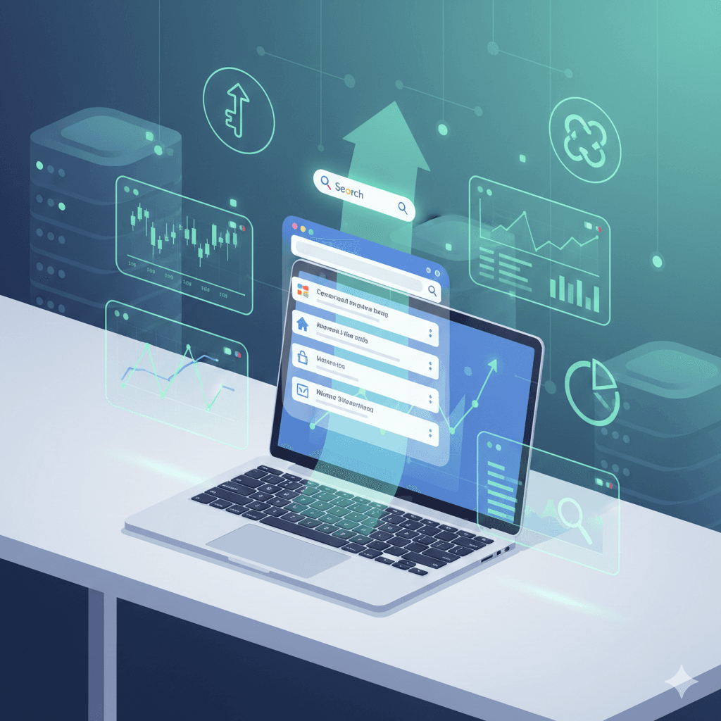 SEO strategy for prop firms showing Google rankings improvement, trading analytics, and website optimization concepts