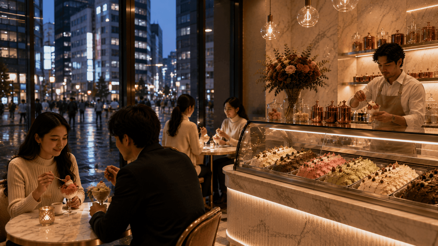 Barista standing beside a seated customer in a café, with coffee cups on the table and city lights visible outside.