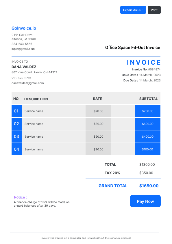 Office Space Fit-Out Invoice