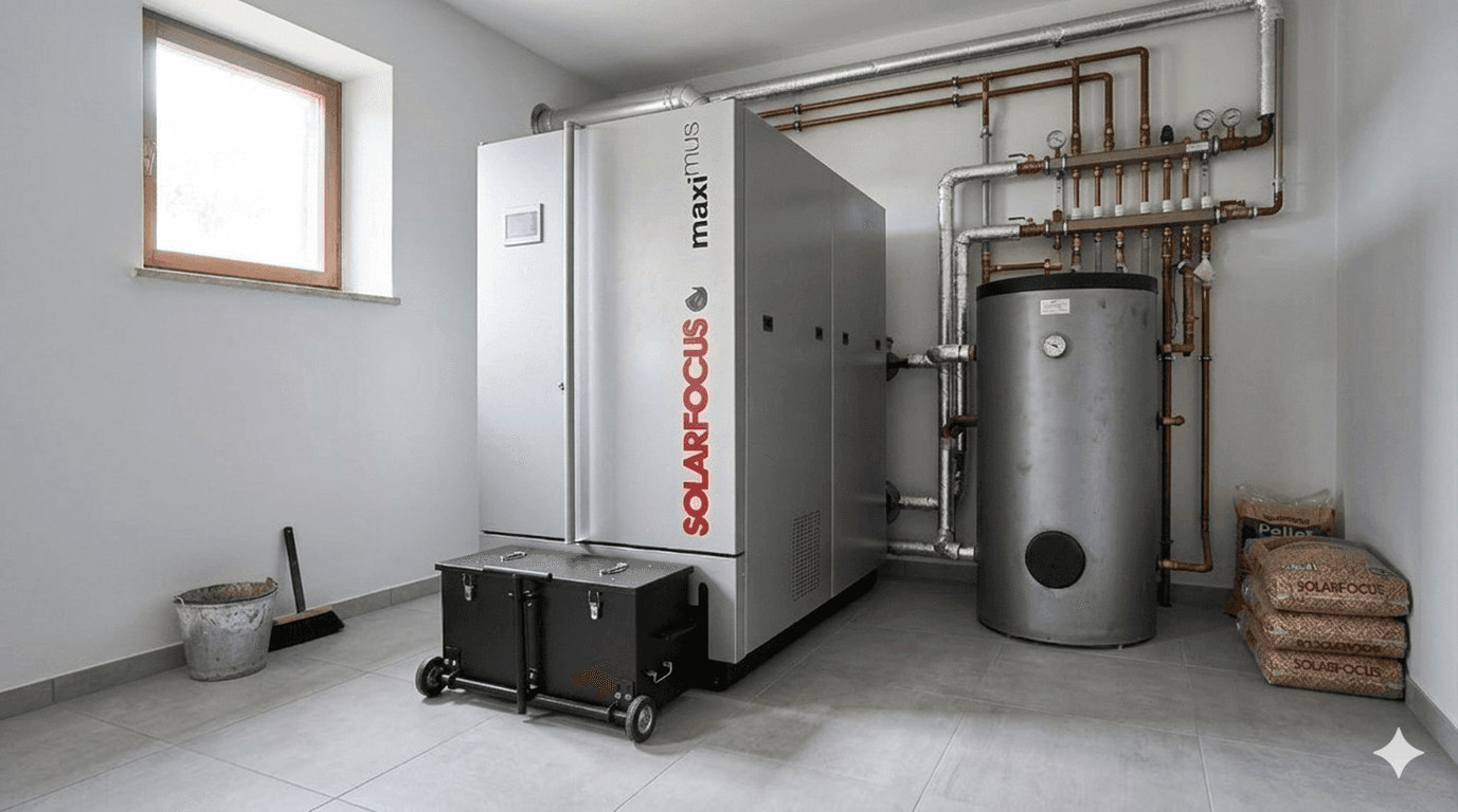 Caldaia a pellet Solarfocus Maxi installata in centrale termica per condominio con accumulo e distribuzione impianto di riscaldamento