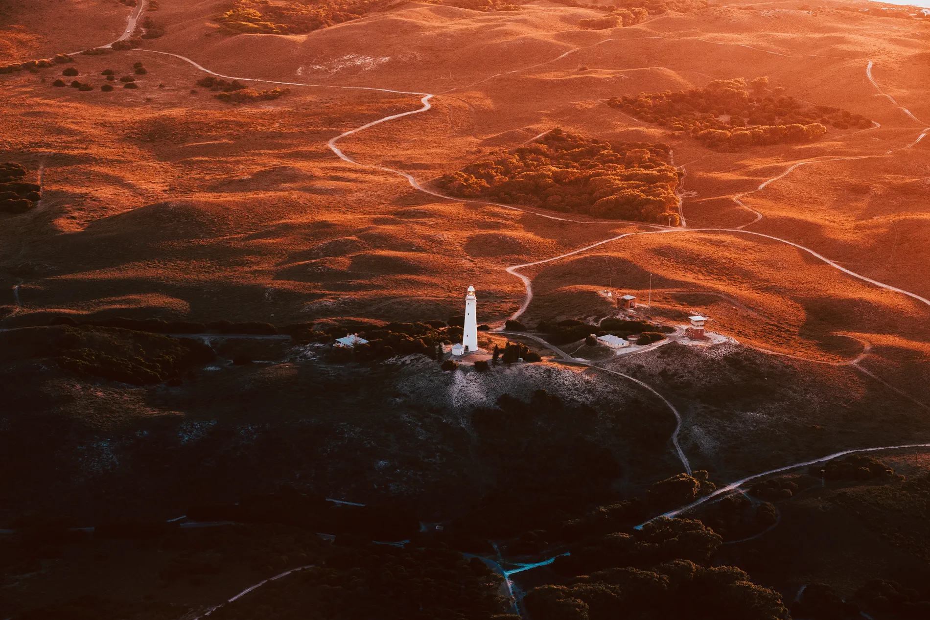 Aerial of a white lighthouse on a low scrub-covered island in warm evening light