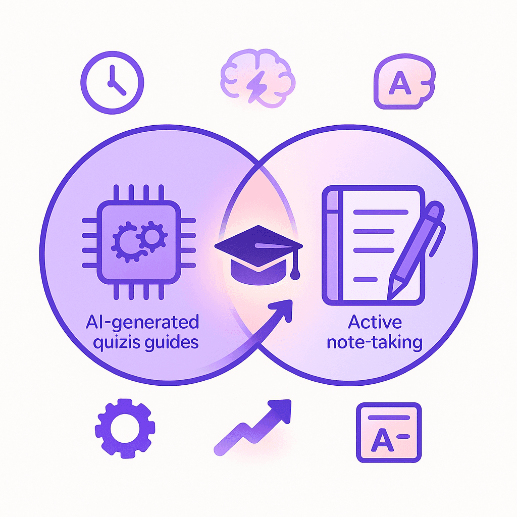 Venn diagram of AI tools and note-taking intersecting to a graduation cap and rising arrow