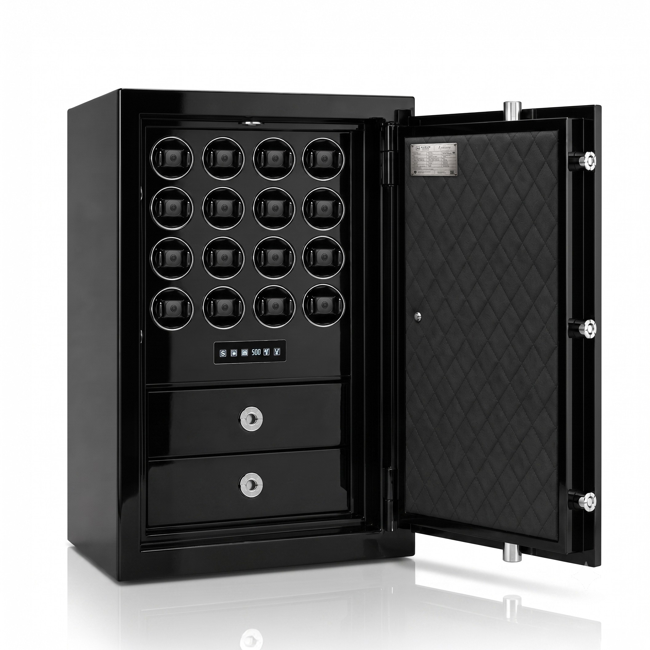Arcana XL luxury safe in gloss black, door open, showing sixteen watch winders and two drawers