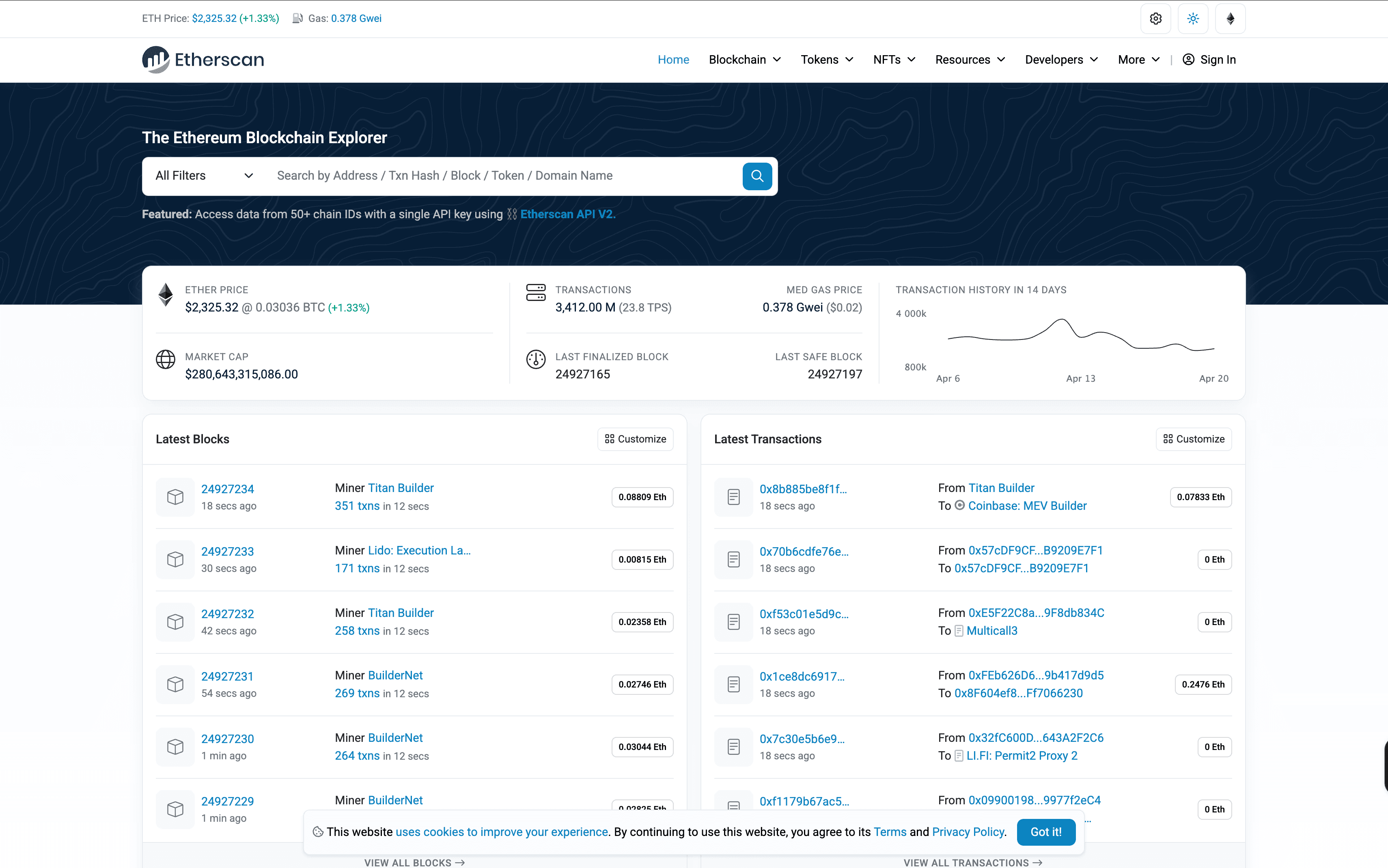Etherscan Ethereum blockchain explorer homepage