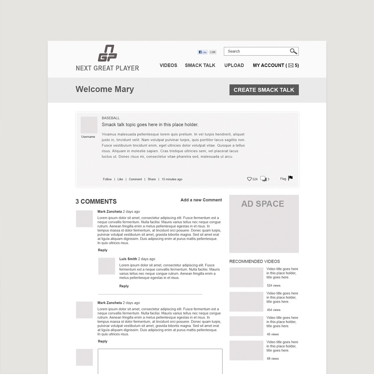 Wireframe mockups of Next Great Player user interface showing comment sections and account settings.