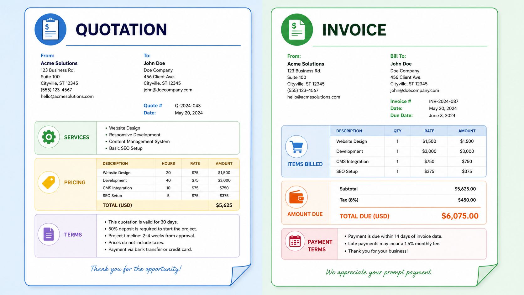A professional side-by-side comparison of a business price quotation document and a final itemized customer invoice.