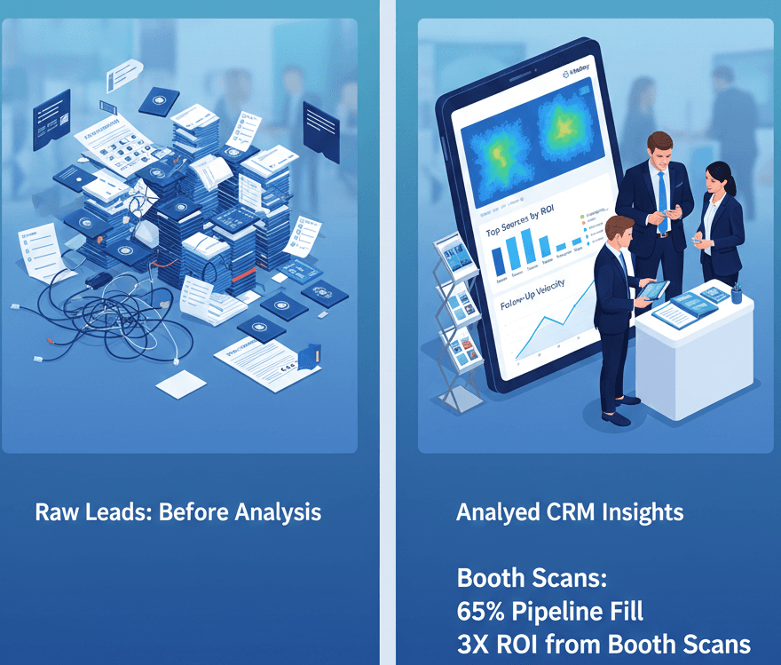 Split-panel chart visualizing lead source insights: left chaotic raw trade show leads, right Habsy dashboard with performance heatmaps, bar graphs (scans at 3x ROI), follow-up metrics, and professionals analyzing data on tablet.