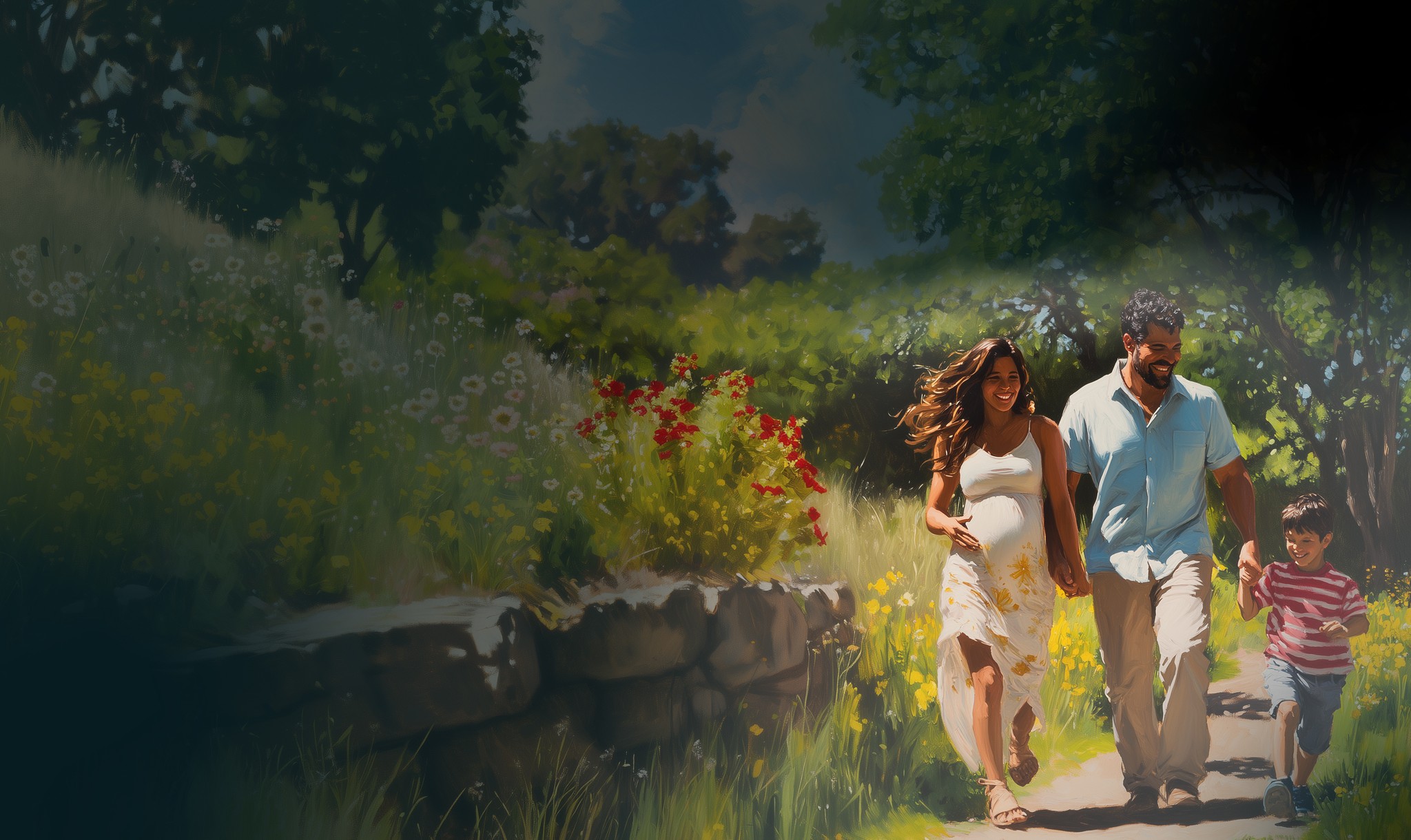 A painting of a family walking in the park.
