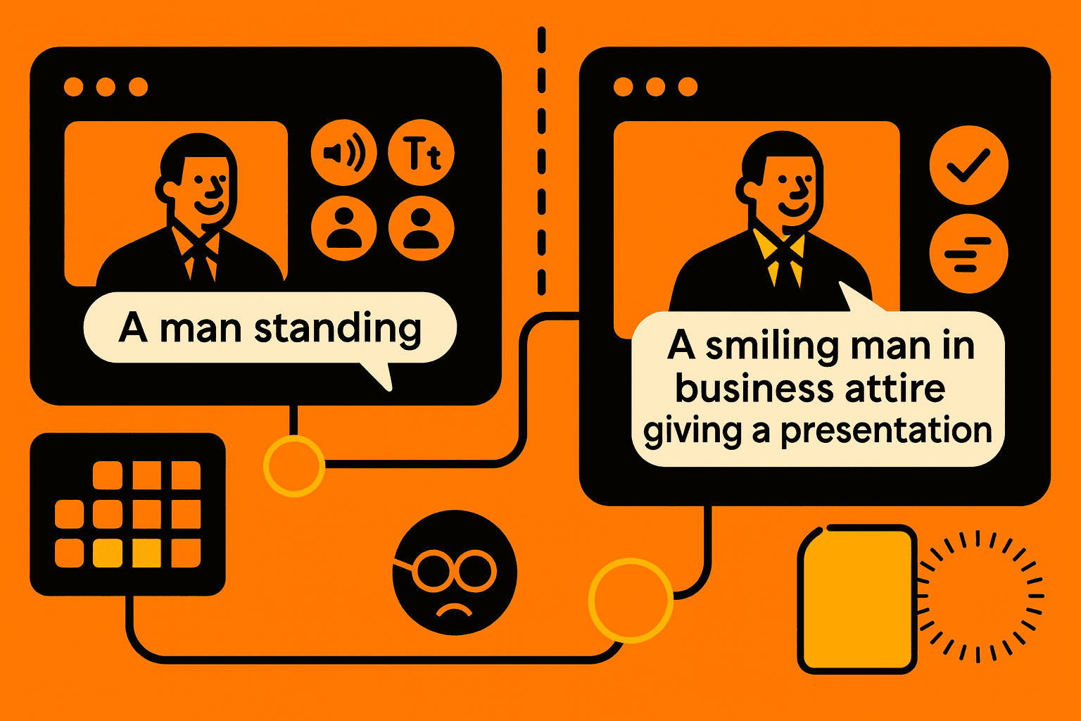 A split view comparing AI-generated and manually written alt text for the same image