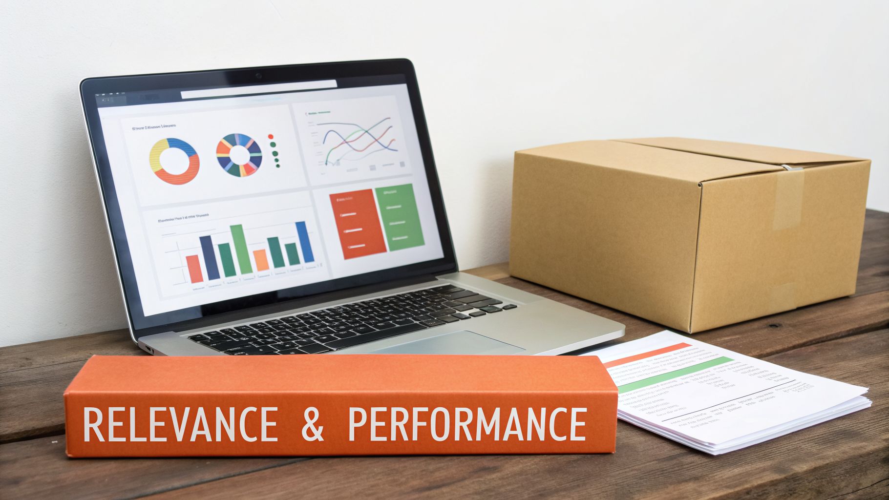 Laptop displaying business analytics charts and graphs, with a 'RELEVANCE & PERFORMANCE' box.