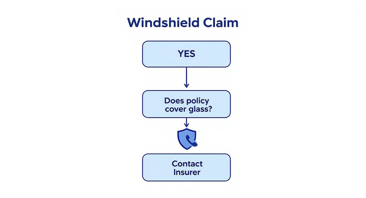 Infographic decision tree about filing a windshield insurance claim.