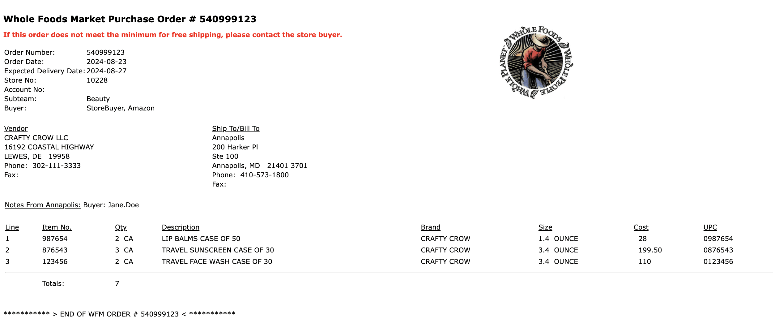 sample Whole Foods non-EDI purchase order