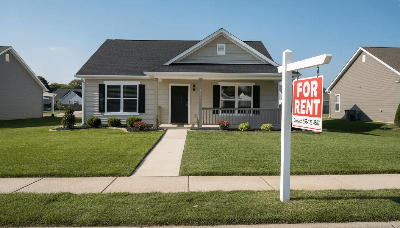 The image depicts a rental property with a "For Rent" sign prominently displayed in the front yard, suggesting an opportunity for generating passive income through real estate investments. This property could be an appealing option for those looking to invest 1 million dollars in a steady stream of rental income.