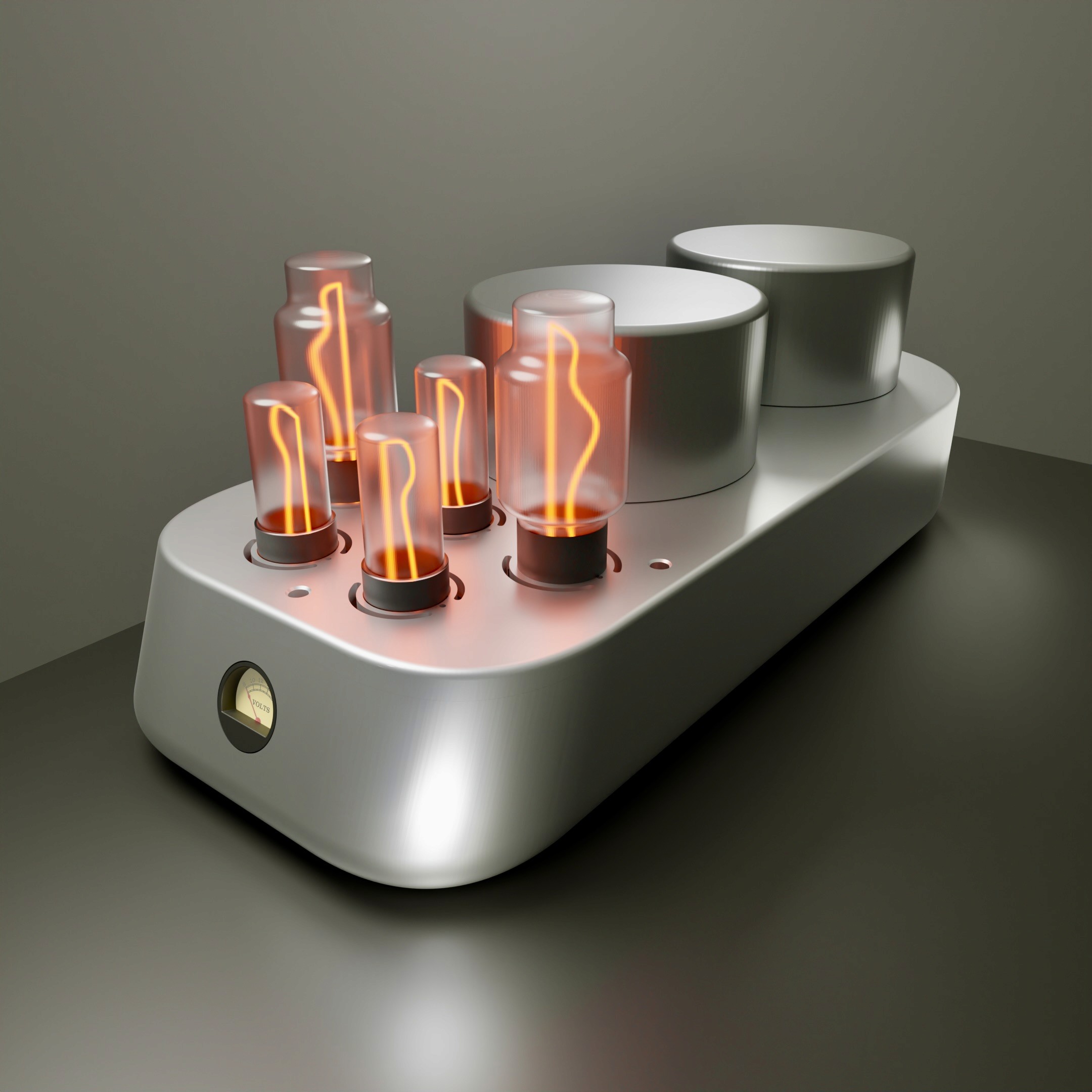 A custom industrial-looking audio amplifier with six glowing filament bulbs arranged in a row. The product has a metallic, minimalist base made of machined aluminum, showcasing a combination of modern and elegant product design.