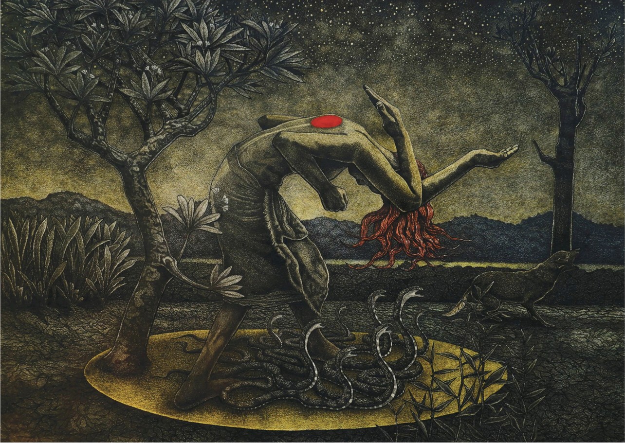 herd of sheep on road painting