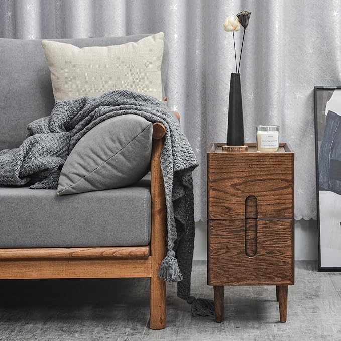 Elegant narrow walnut nightstand with ample storage space and a timeless design.