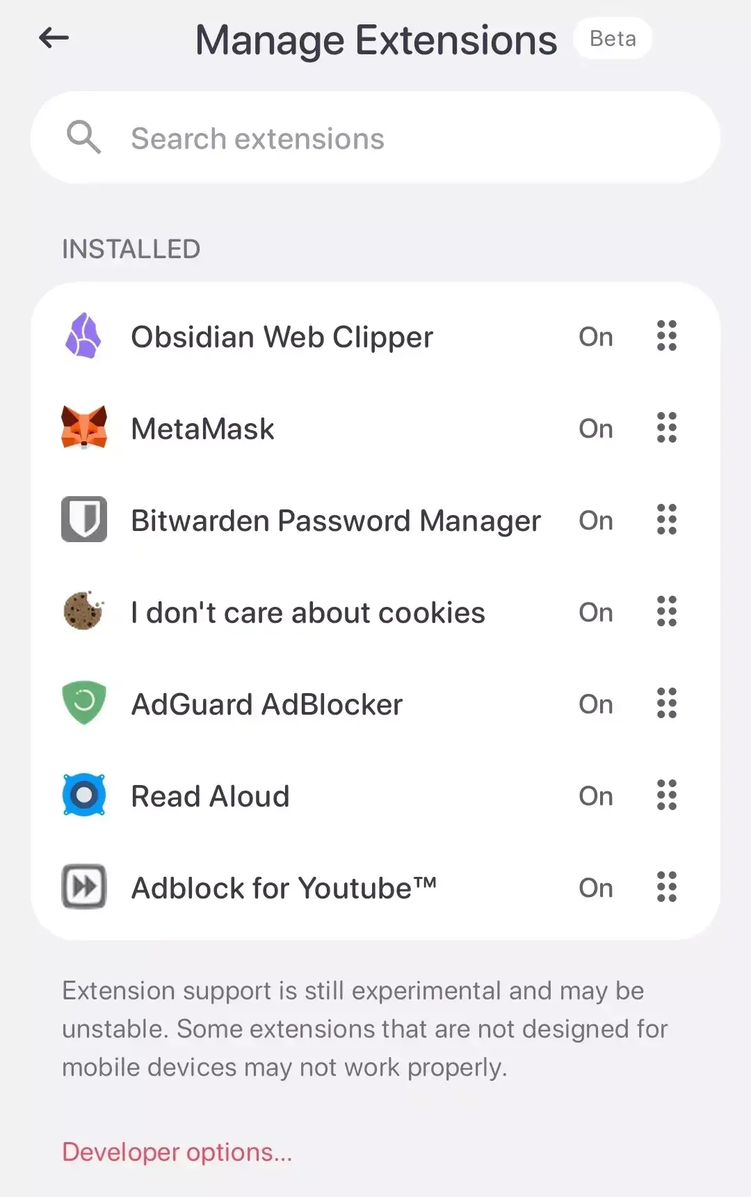 Installed extension enabled in Quetta Browser on Android