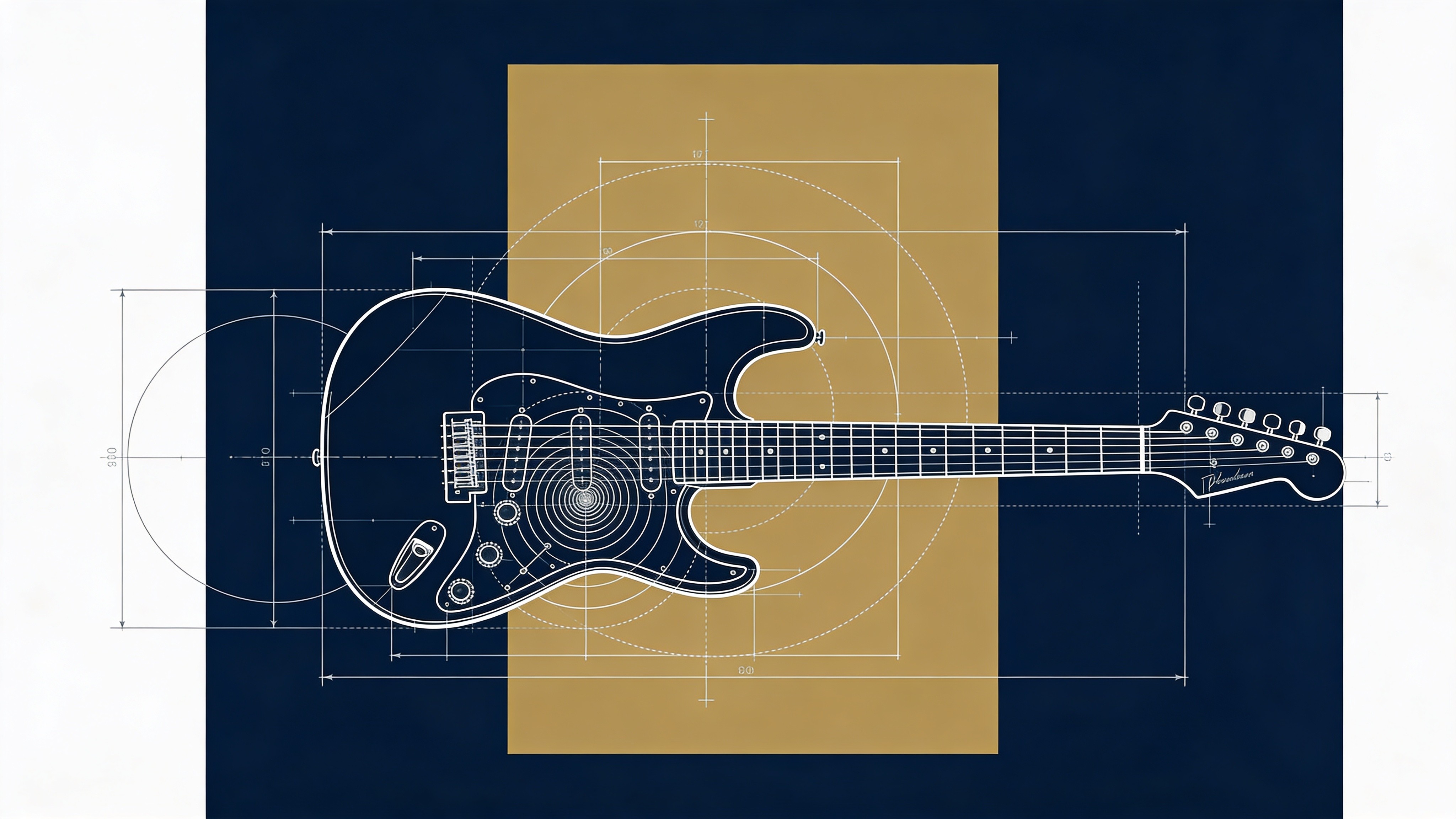 premium blueprint-style poster of an electric guitar designed using the golden ratio. SUBJECT: Stratocaster-style guitar