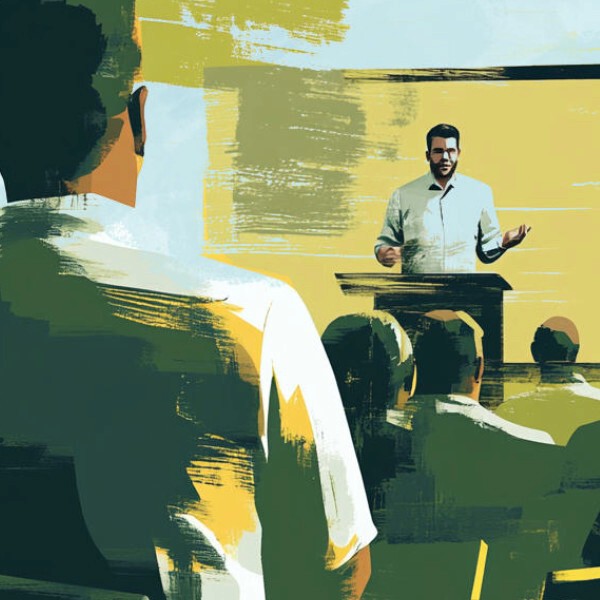 man presenting at a conference