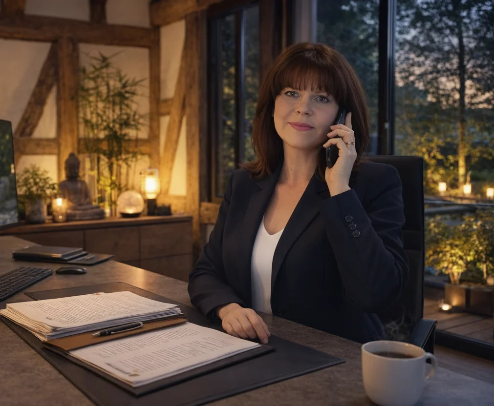 Frau im Blazer telefoniert an einem Schreibtisch mit Dokumenten und einer Tasse, der von warmem Licht beleuchtet ist.
