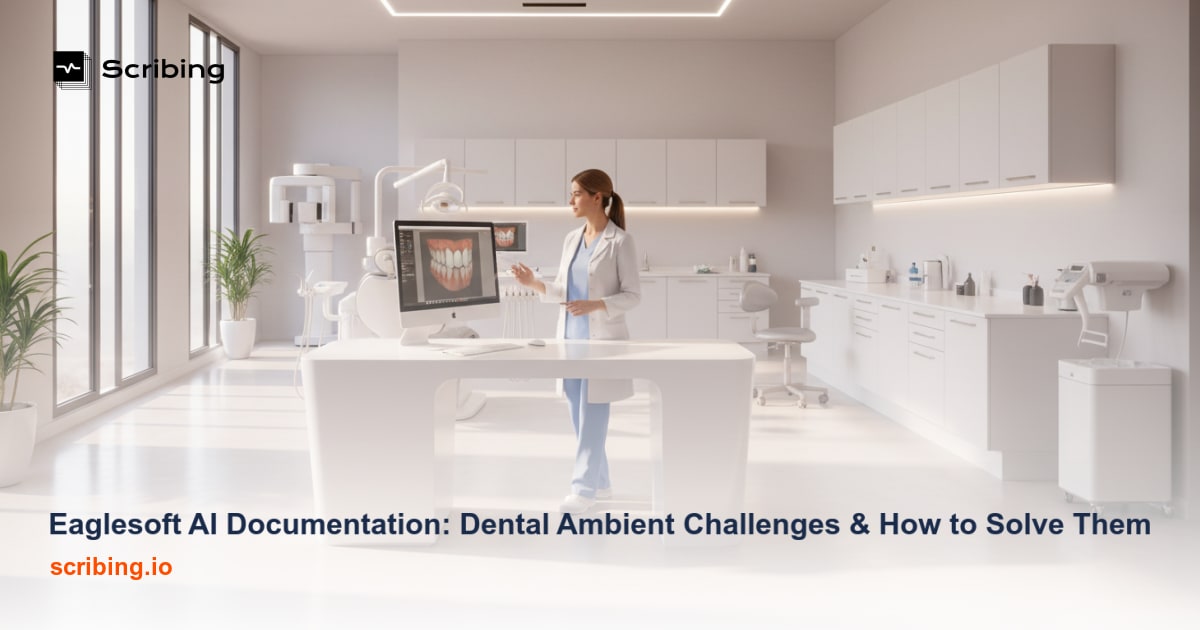 Dental operatory environment illustrating ambient noise challenges for AI-powered clinical documentation systems integrated with Eaglesoft practice management software