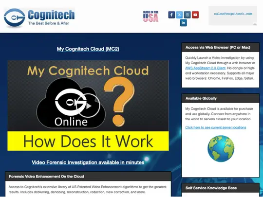 Cognitech Cloud (MC2) website page explaining video forensic investigation and cloud enhancement