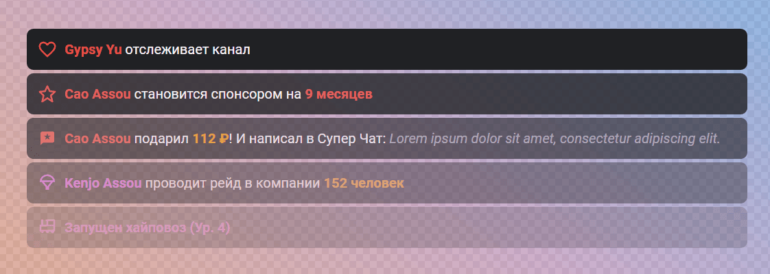 На стриме виджет списка событий с настройками по умолчанию выглядит примерно вот так: