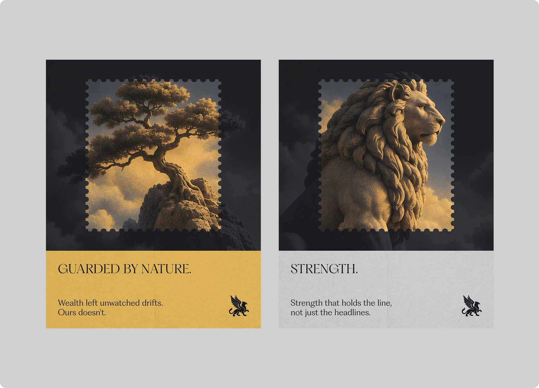 Two vintage-style panels show a windswept tree and proud lion on postage stamps, with messages about nature, strength, and resilience.