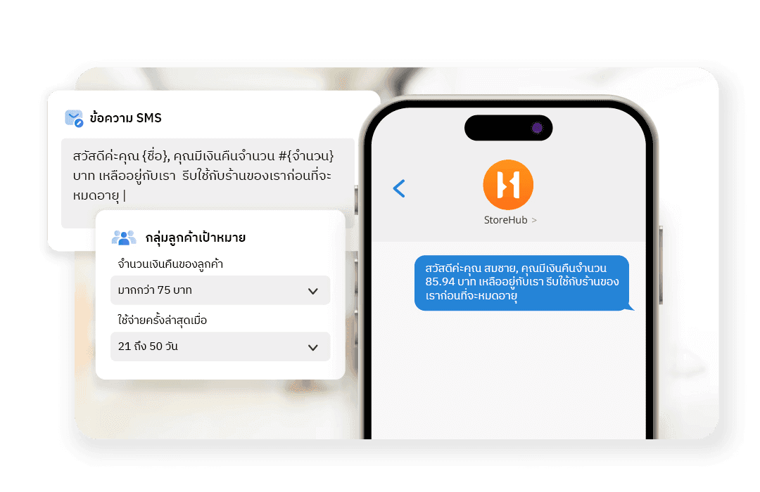 A smartphone displaying a personalised cashback SMS sent through StoreHub CRM based on customer segmentation.