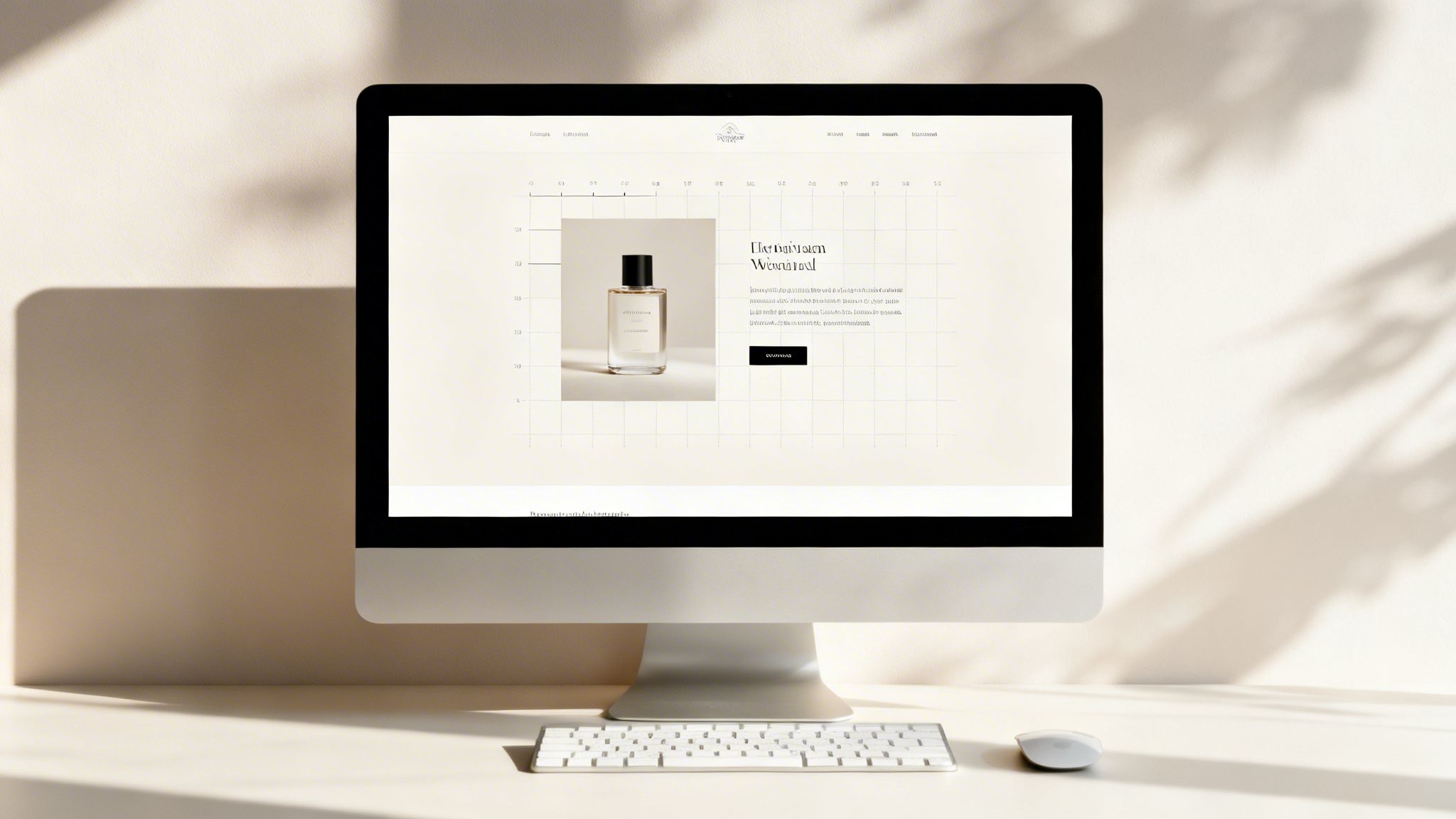 A desktop computer displaying a minimalist website UI design with a perfume bottle and product information.