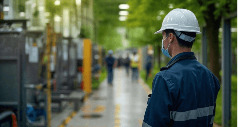Trabalhador com capacete e máscara em ambiente industrial, representando práticas de saúde, segurança e condições de trabalho no pilar social do ESG.