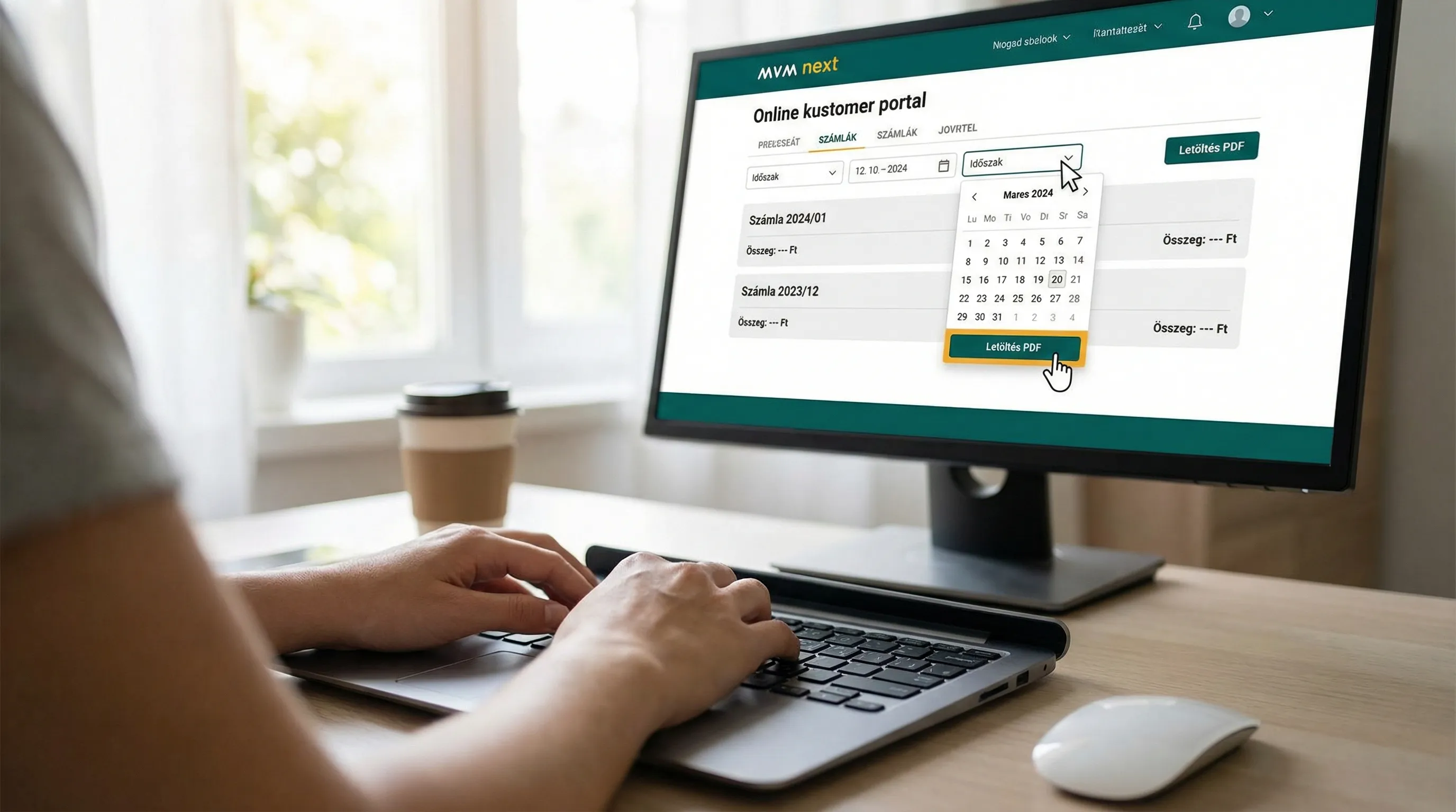 Egy felhasználó az MVM Next online felületén belépés után a számlák menüpontban időszak szerint szűr, majd PDF-ben letölti az e-számlát. A képen csak általános felület látszódjon, valós adatok nélkül.
